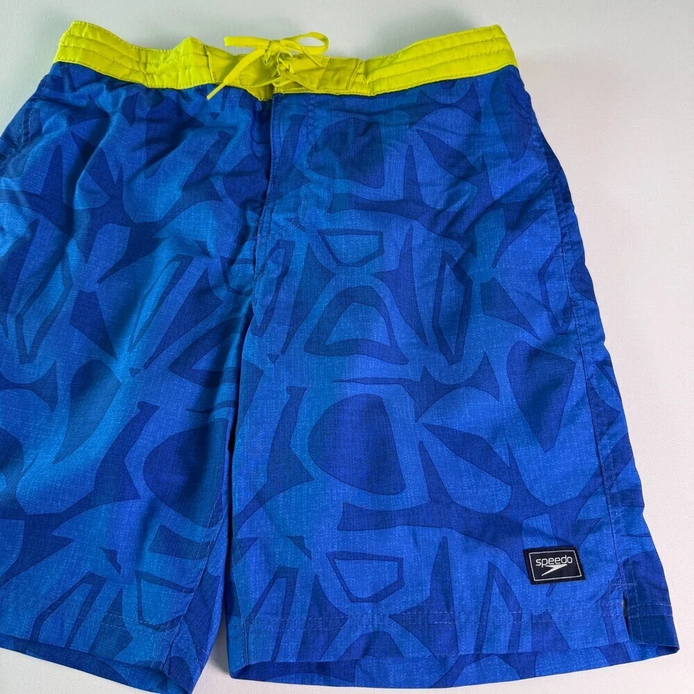 Speedo Men's Swim Trunks Size L Royal Blue Lime Green Geometric Pockets Lined